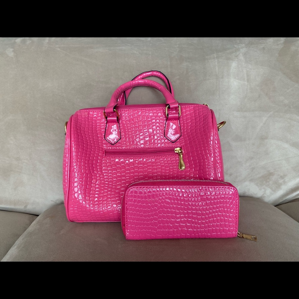 Hot Pink Crocodile Hand Bag with Matching Wallet.